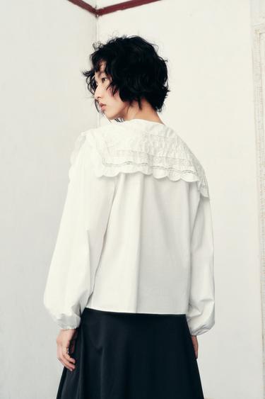 Zara ZW COLLECTION 府綢刺繡領襯衫 - 磨白色