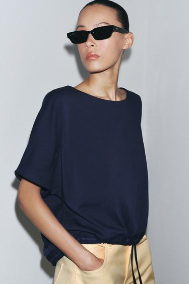 COTTON T-SHIRT WITH TIES - Navy blue by Zara