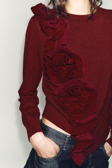 FLORAL TEXTURED KNIT JUMPER - Burgundy by Zara - Image 2
