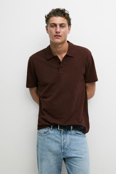 Zara Micro-textured cotton blend polo shirt - GREENISH