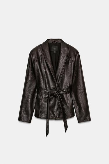 Zara ZW COLLECTION FAUX LEATHER BELTED JACKET - Dark brown