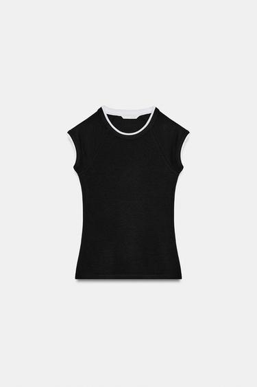 DOUBLE SHORT SLEEVE EFFECT T-SHIRT - Black by Zara