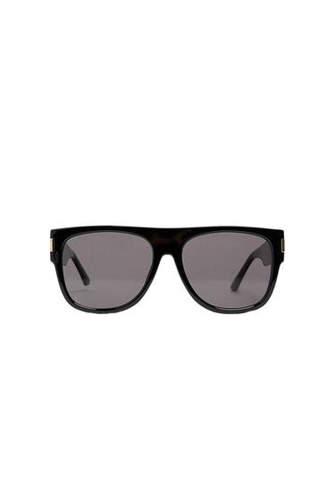Black sunglasses with thick frames, a flat top and dark lenses, viewed from the front on a white background.