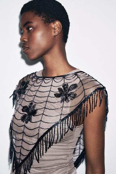 Zara BEADED EMBROIDERED CAPE - Light pink