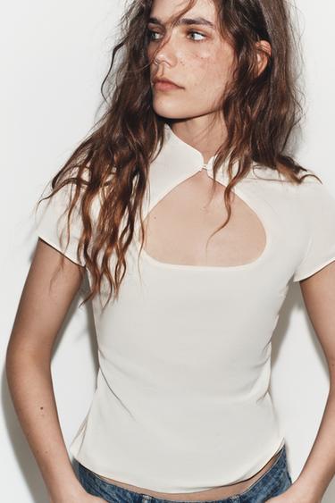 Zara MANDARIN COLLAR VENTED TOP - Oyster-white - Image 0