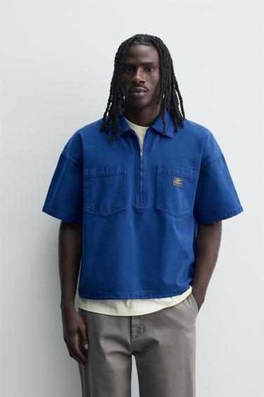 Zara PRUGASTA POLO MAJICA ŠIROKOG KROJA S EFEKTOM ISPRANOG – plavkasta