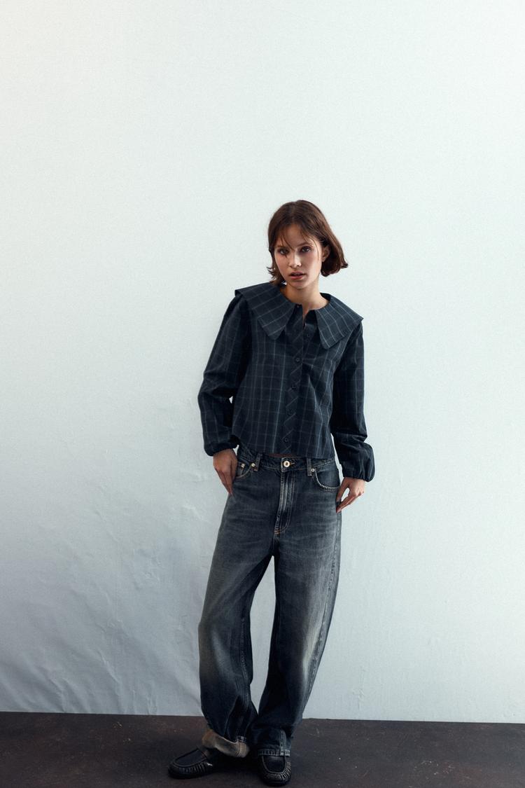 CAMISA CUADROS POPELÍN CUELLO BOBO Azul Marino ZARA España