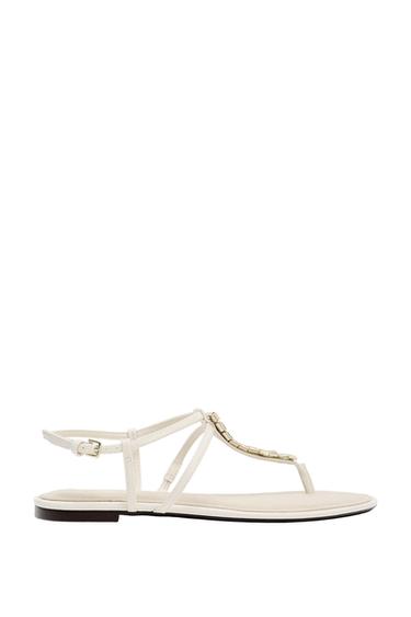 Zara FLAT SANDALS WITH METALLIC APPLIQUES - Off White