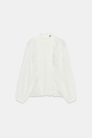 COTTON GAUZE BLOUSE WITH RUFFLE AND LACE TRIMS - Ecru by Zara