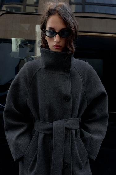 SOFT HIGH-NECK COAT WITH BELT - Grey by Zara - Image 1