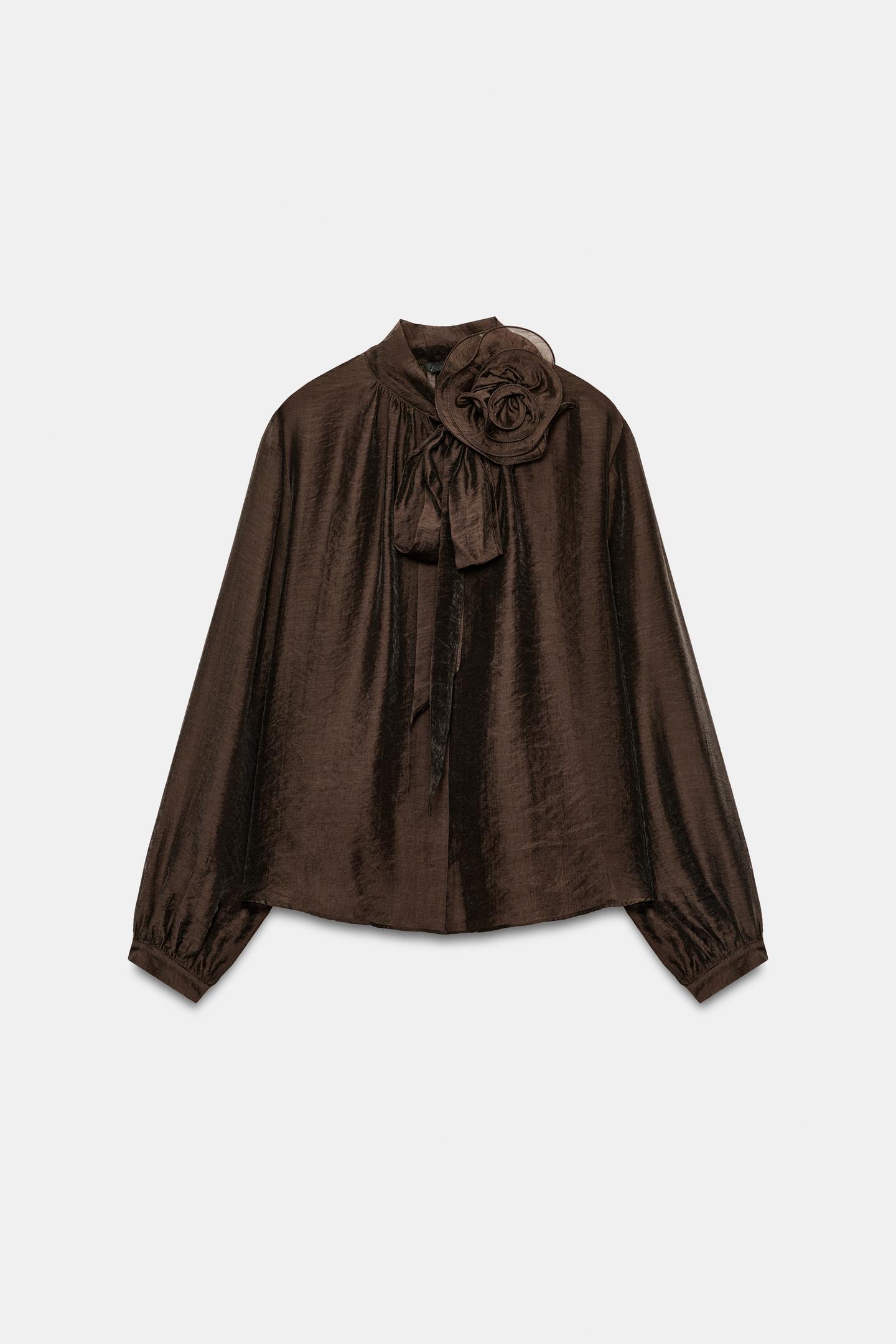 Женская блузка Zara Floral Tie Blouse, цвет: Коричневый — фото 2