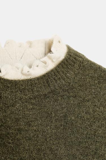 PULL AVEC LAINE ET ALPAGA COMBINÉ POINTELLE - Vert / Écru de Zara - Image 4