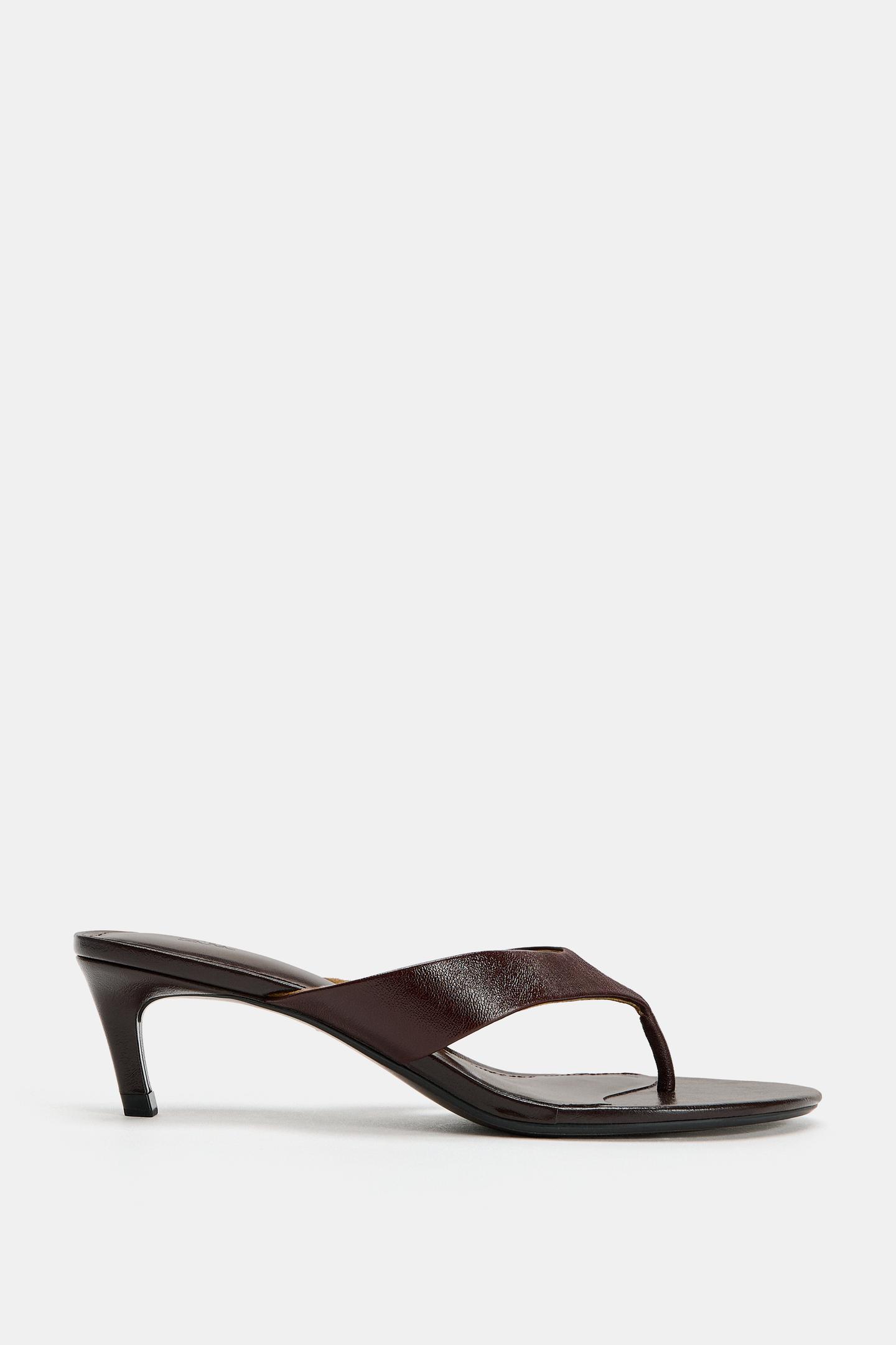 Женские сандалии Zara Leather Kitten Heel, цвет: Шоколадный коричневый — фото 2