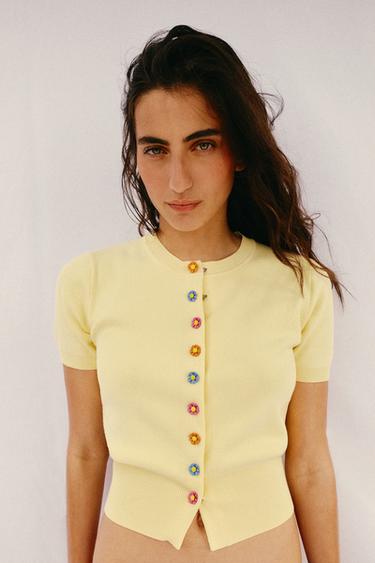 CARDIGAN WITH FLOWER BUTTONS - Light yellow by Zara