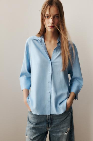 CAMISA COM LINHO ZW COLLECTION - Azul-claro da Zara