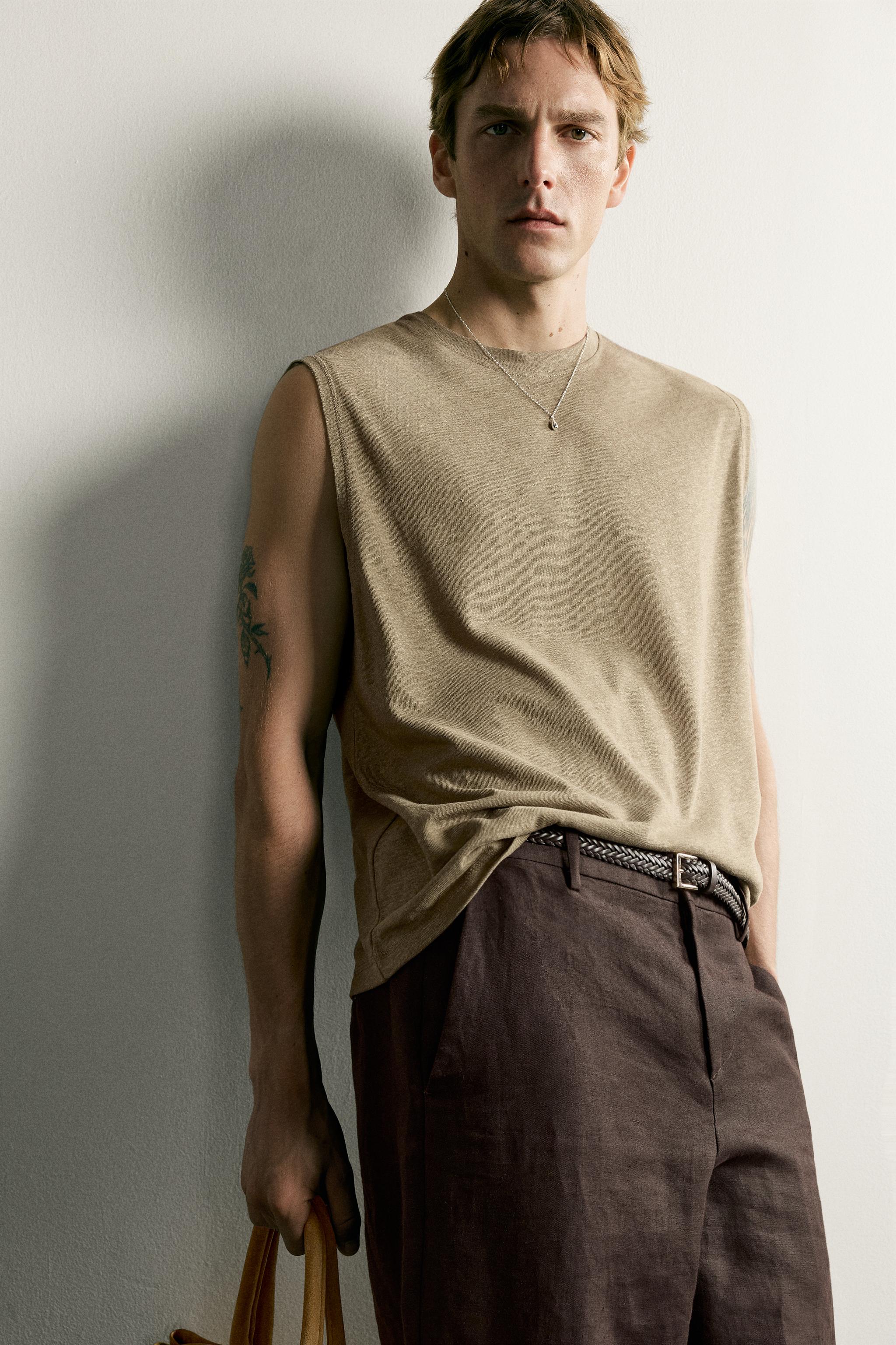 Мужские топы Zara RELAXED FIT COTTON-LINEN TANK TOP — фото 6