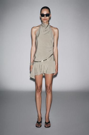 ROBE COURTE HALTER CEINTURE RAYURES - Beige-marron de Zara - Image 5