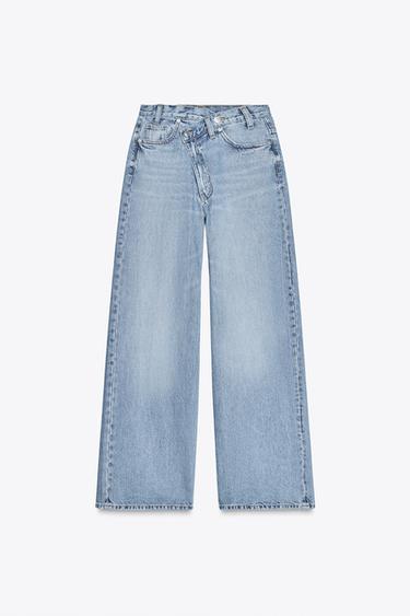 JEANS TRF WIDE LEG بخصر متصالب وسرج عالٍ - نيلي الخاص بـ Zara
