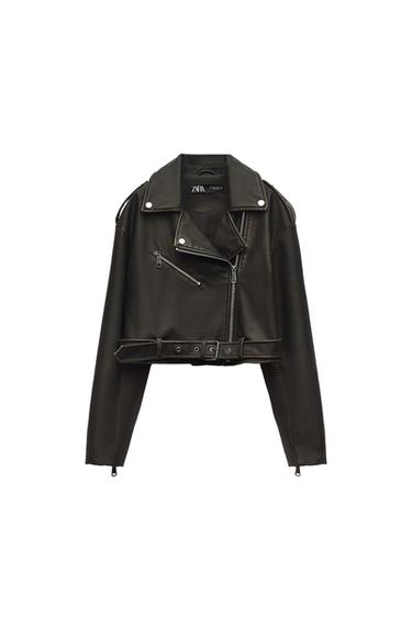 WORN EFFECT CROPPED LEATHER EFFECT BIKER JACKET