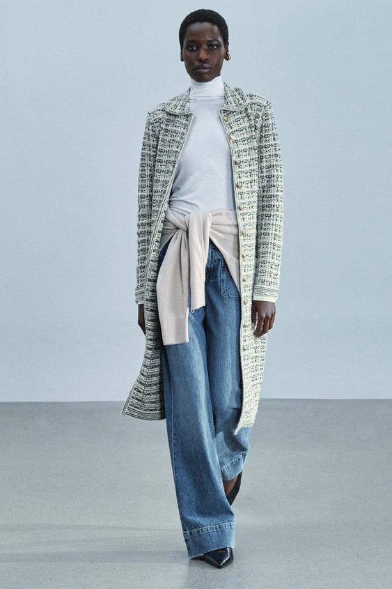 Zara LONG TEXTURED COAT WITH METALLIC YARN - Green - Image 0