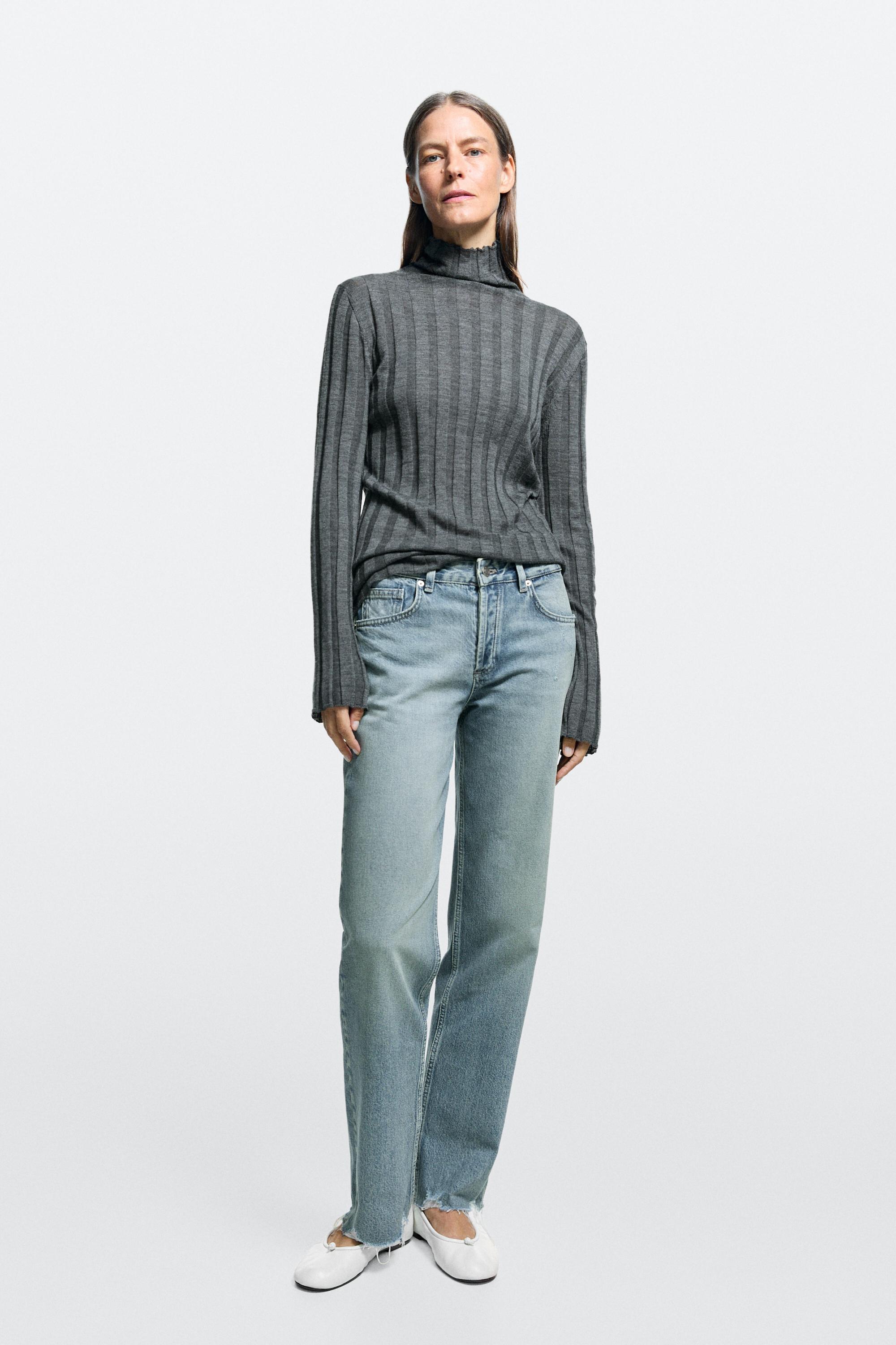 Stovepipe fit mid-rise jeans with frayed hems - Aquamarine | ZARA