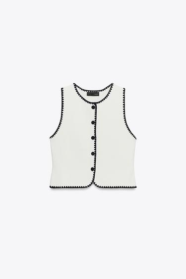 CHALECO PUNTO BORDADOS CONTRASTE - Blanco de Zara