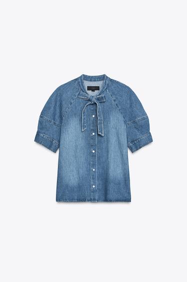 ZW COLLECTION DENIM SHIRT WITH TIE - Mid-blue by Zara - Image 6