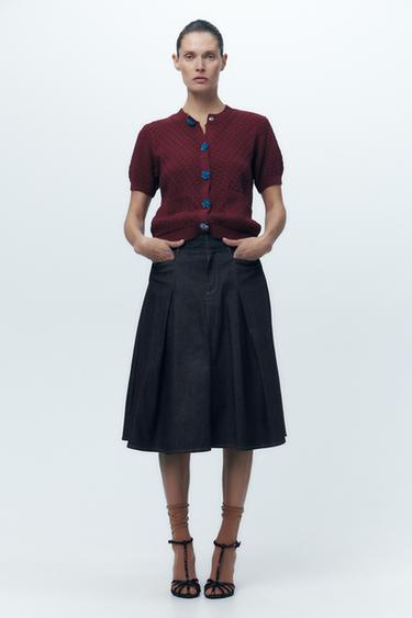 KNIT CARDIGAN WITH GEM BUTTON - Burgundy by Zara - Image 0