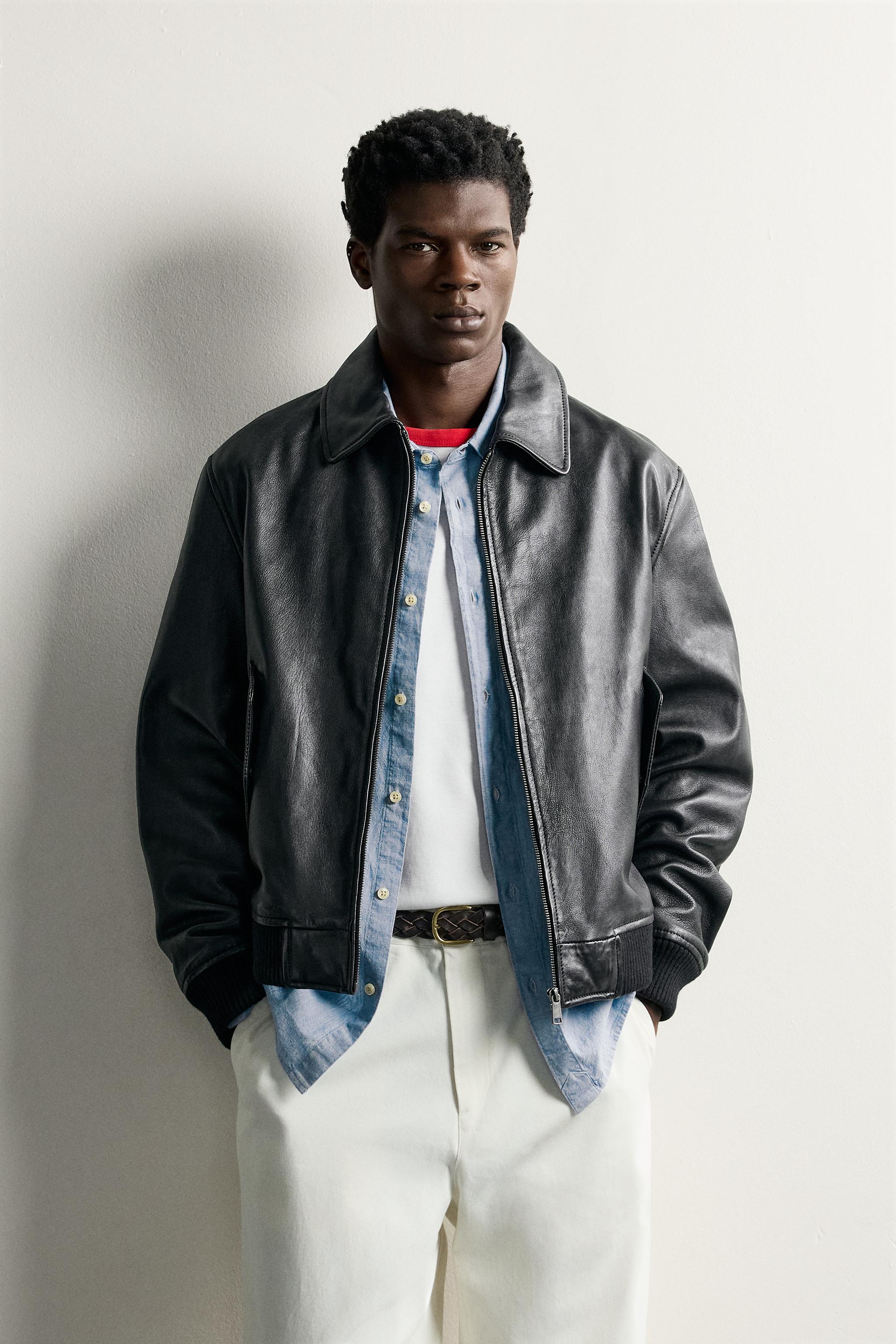 REGULAR FIT LEATHER JACKET — Black
