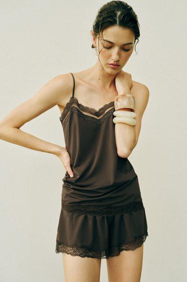 Zara FLUID LACE SHORTS - Dark brown