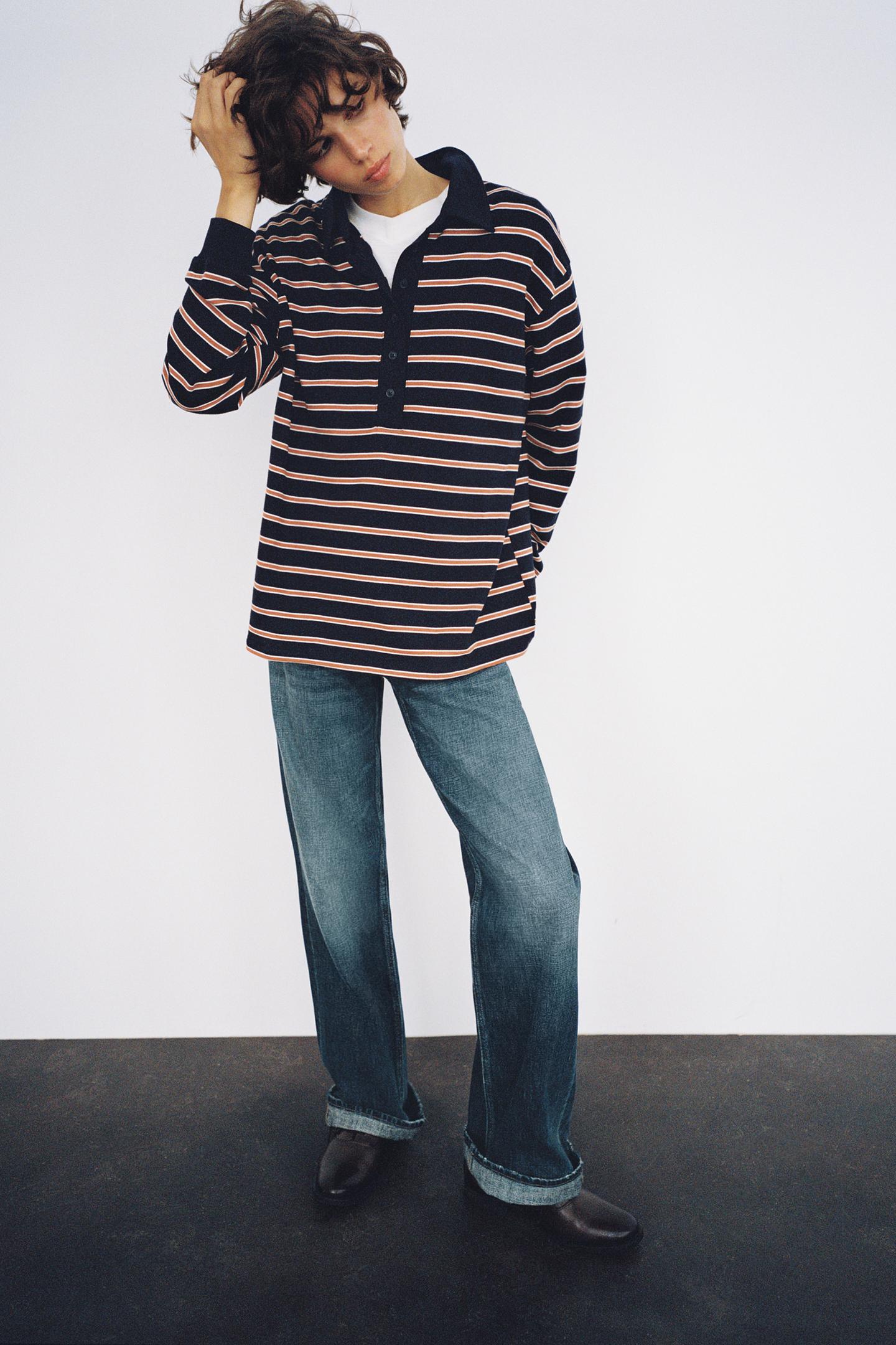 Женское поло Zara Striped Polo, цвет: Коричневый синий — фото 4
