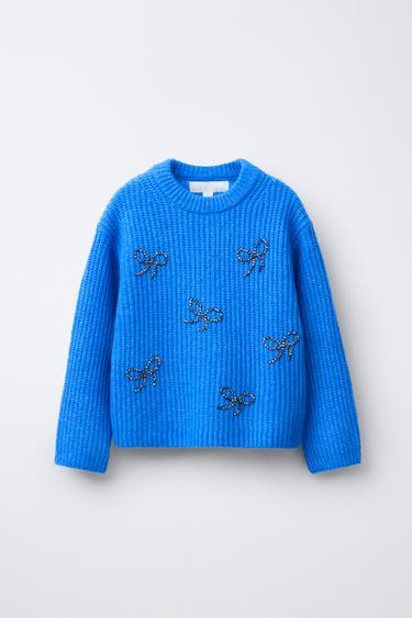 BEADED AND SPARKLY BOW KNIT SWEATER - Blue by Zara - Image 0
