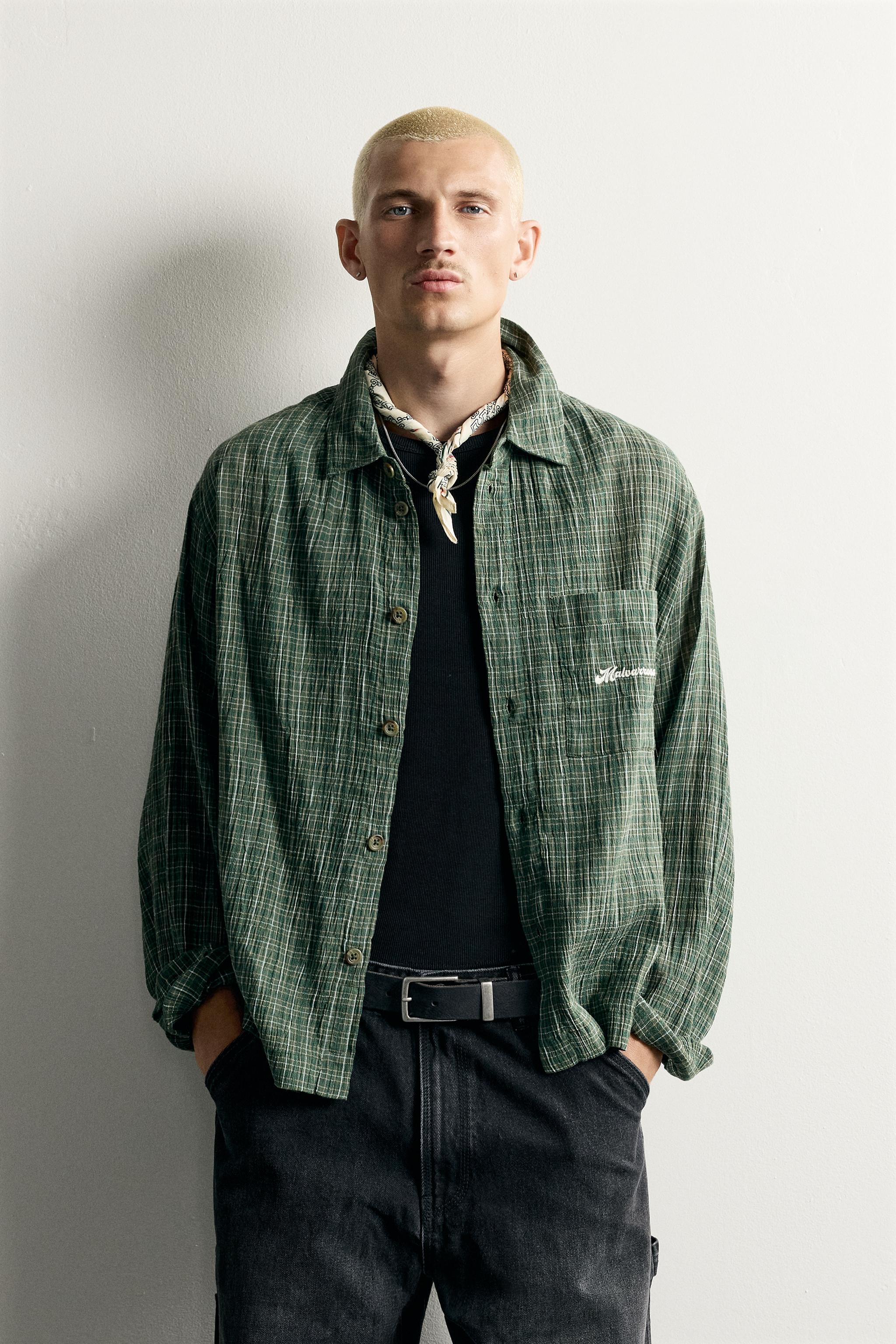 CONTRAST EMBROIDERY PLAID SHIRT — Green