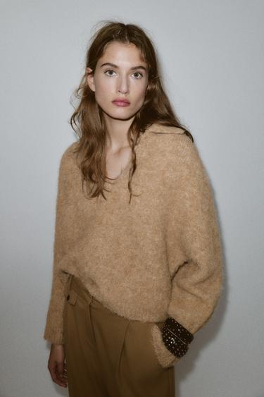 BRUSHED-EFFECT KNIT POLO JUMPER - camel by Zara