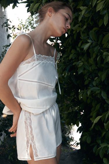 TOP DE RENDA COM ENTREMEIOS - Branco-marfim da Zara