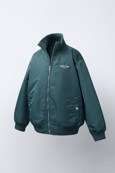 TEXT EMBROIDERY BOMBER JACKET — Petrol blue 1
