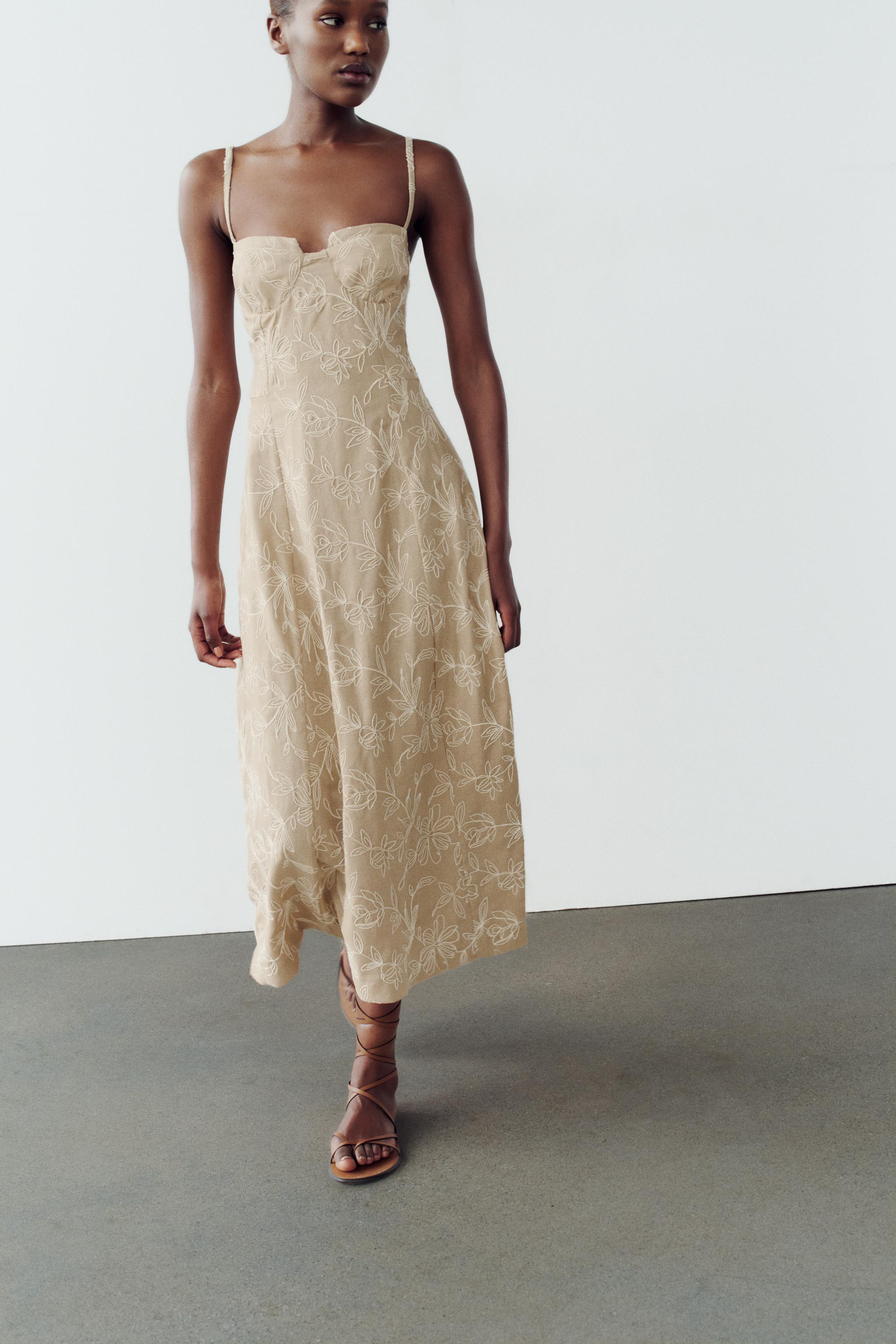 EMBROIDERED FLORAL MIDI DRESS - Ecru / Beige | ZARA United States