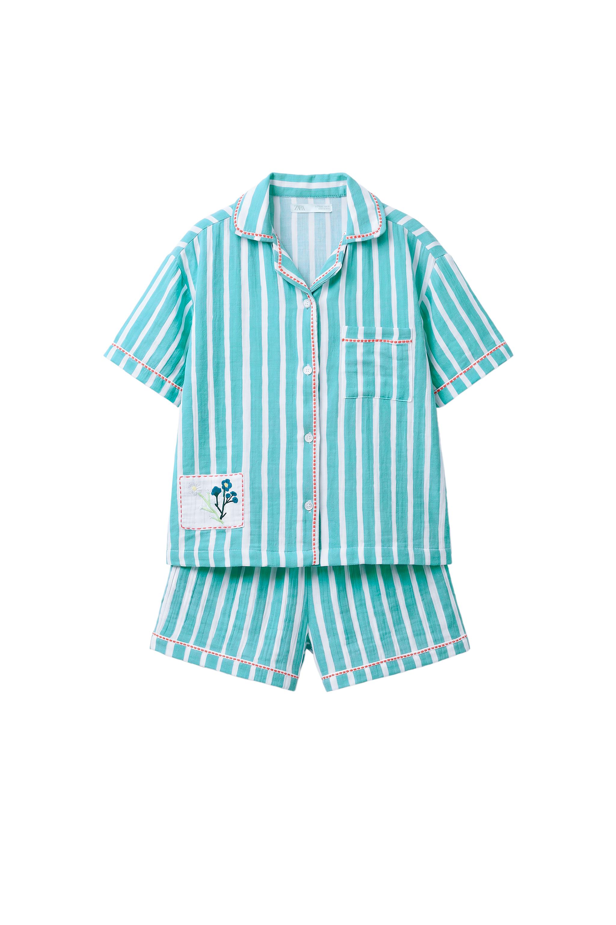 6-14歳/フローラルパッチストライプシャツパジャマ - 青色/白色 | ZARA