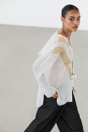Zara Flowing linen blend shirt with appliqué detail - White