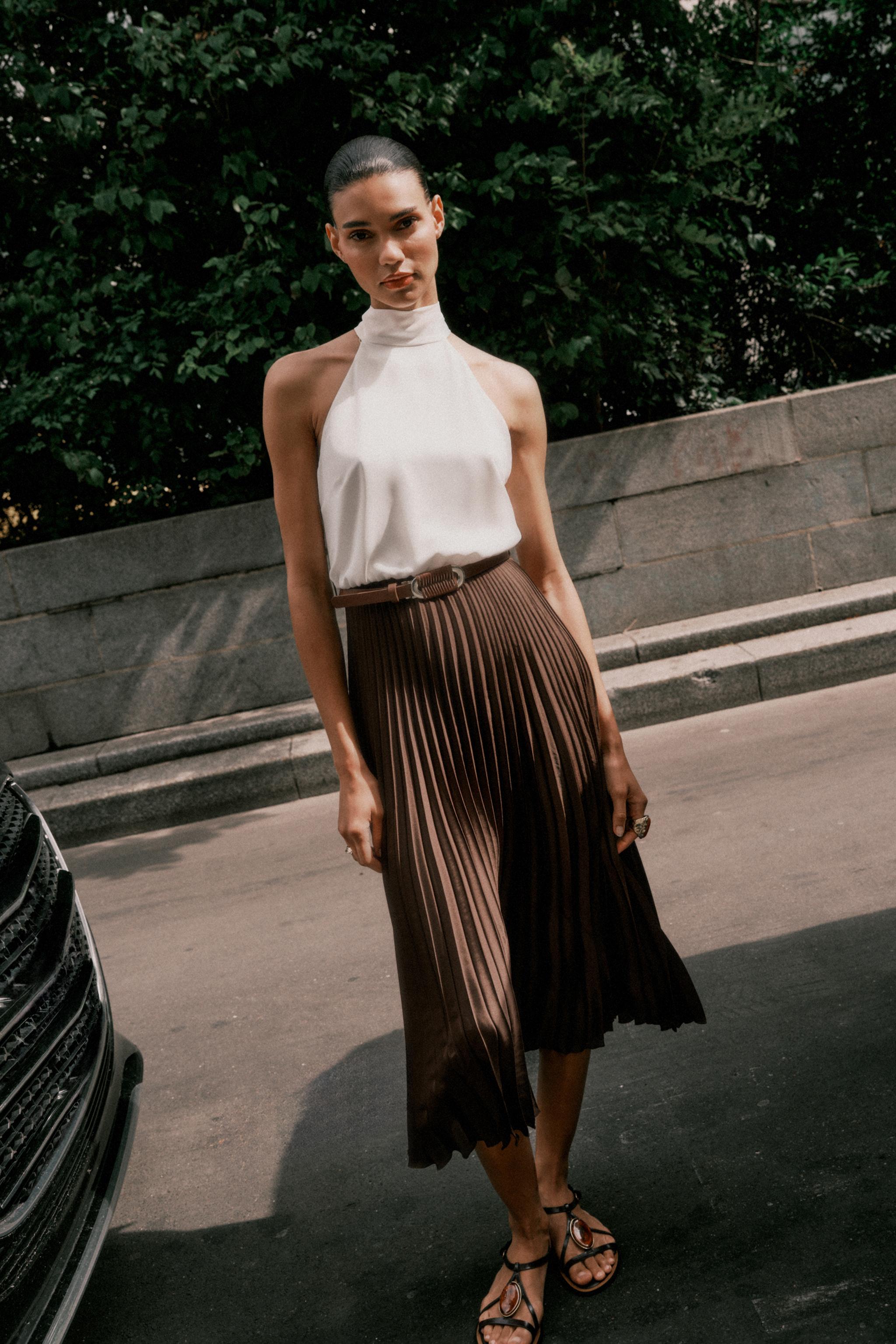 PLEATED COMBINED MIDI DRESS - Brown | ZARA India