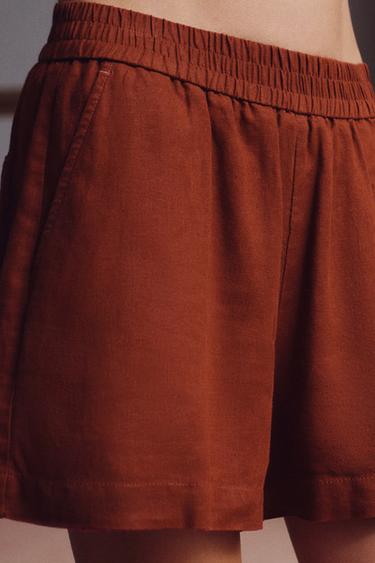 LINEN BLEND BERMUDA SHORTS WITH ELASTIC WAIST - Russet by Zara
