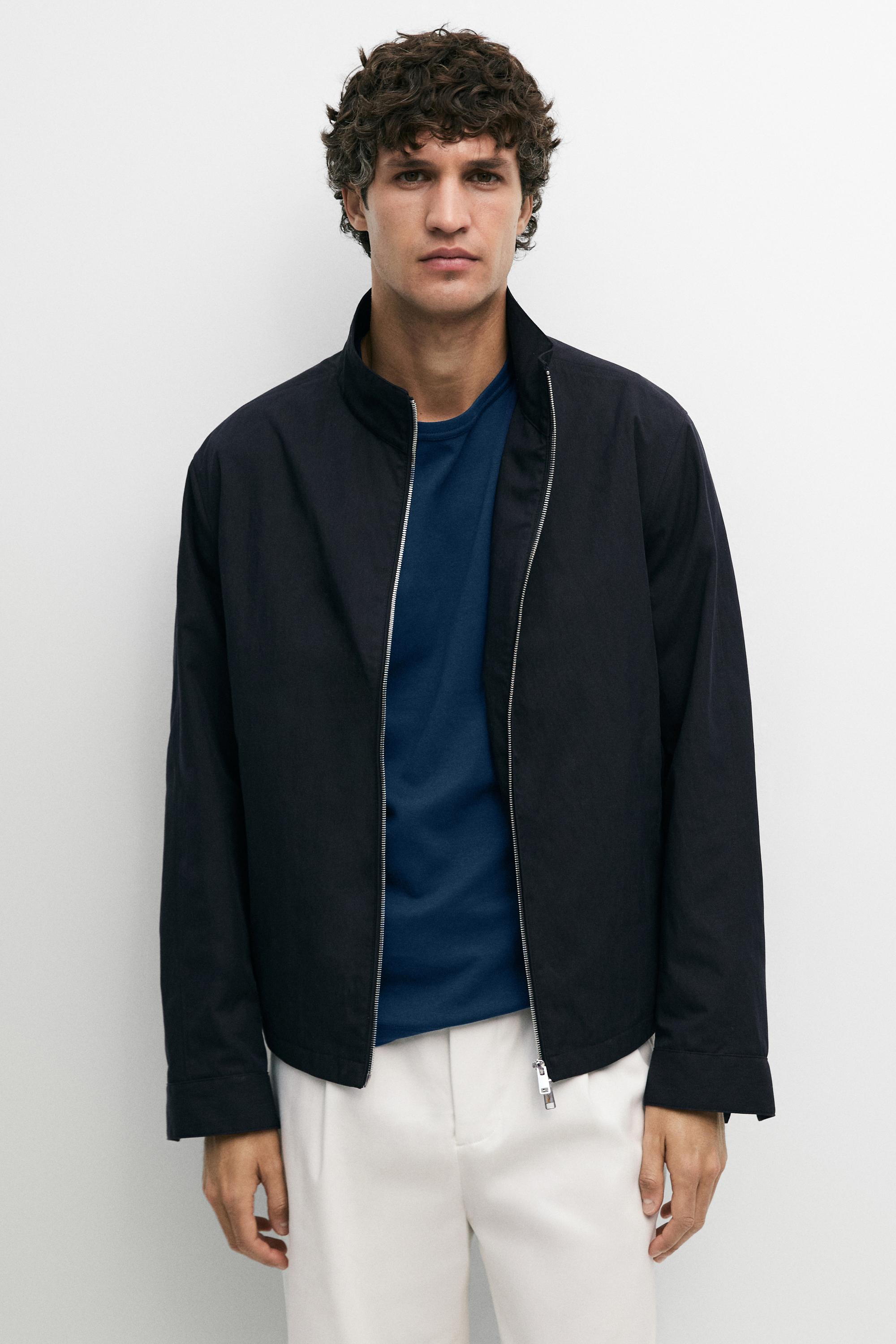 Cotton blend high-neck jacket — Dark navy