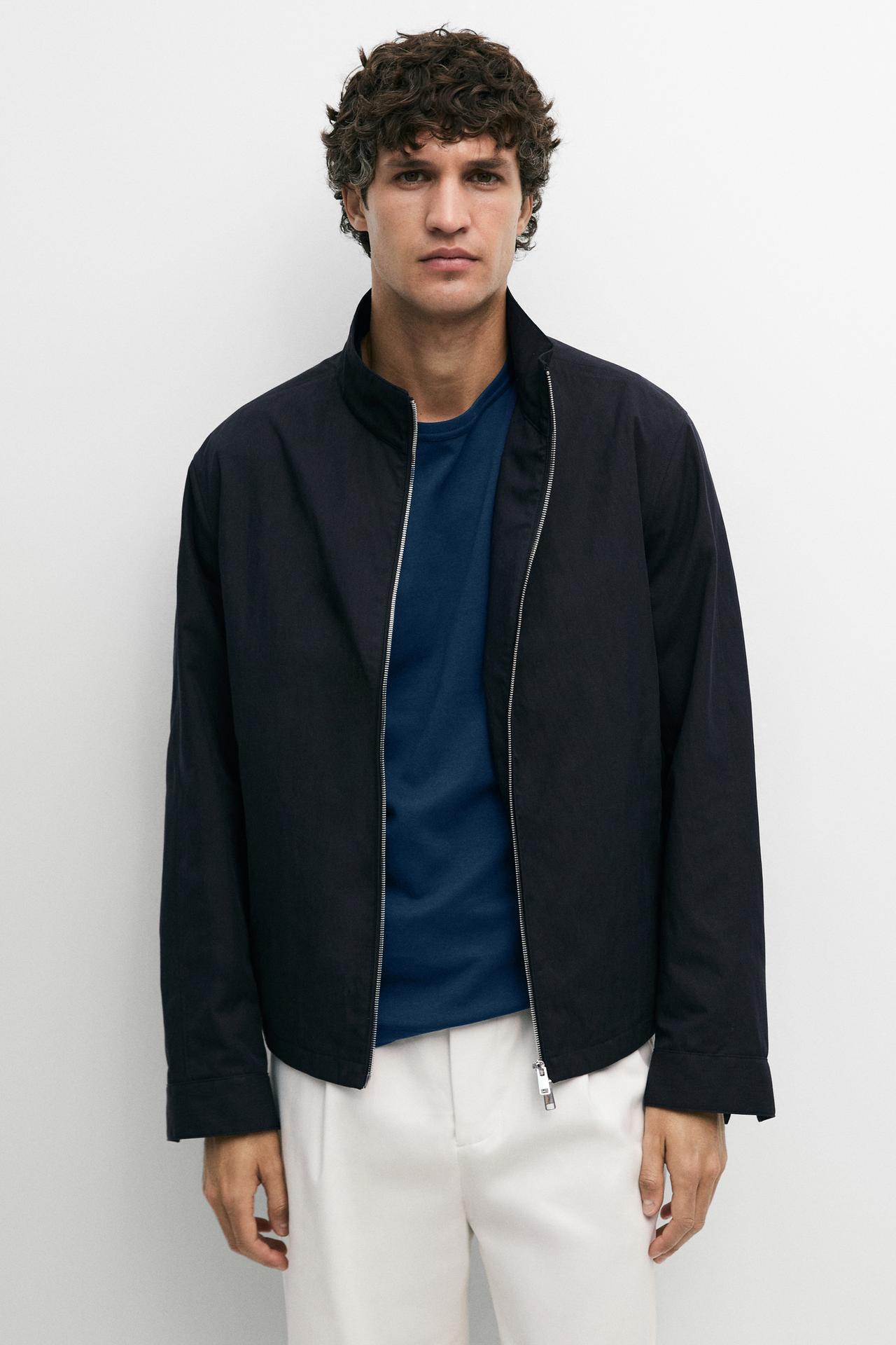 Cotton blend high-neck jacket — Dark navy