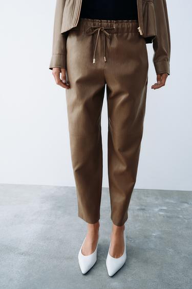 Zara FAUX LEATHER ELASTIC-WAIST PANTS - Brown / Taupe
