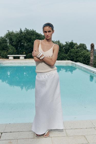 JUPE MIDI 100% LIN ZW COLLECTION - Blanc de Zara