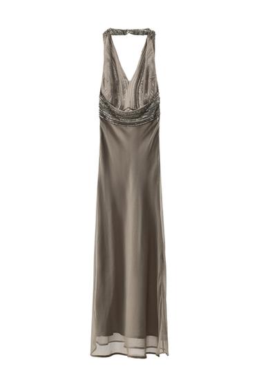 VESTIDO LARGO BORDADOS - Gris de Zara