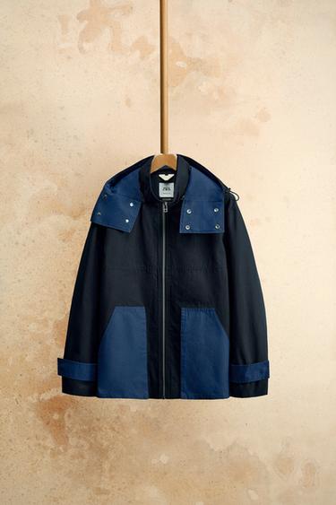 Zara COLOR BLOCK HOODED PARKA - Navy blue