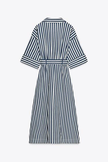 ROBE MIDI À RAYURES AVEC LIN - Bleu / Blanc de Zara - Image 4