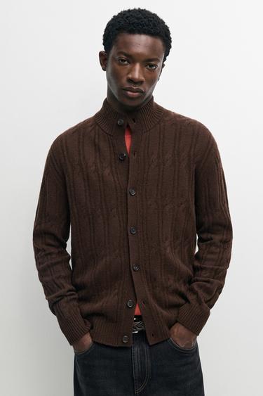 Wool blend cable knit zip-up cardigan — Brown 2