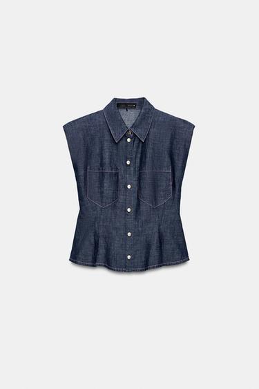 LINEN BLEND PEPLUM SHIRT WITH SHOULDER PADS - Indigo by Zara - Image 6
